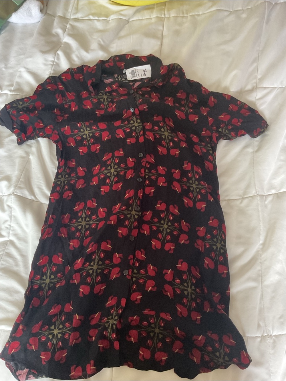 Black Floral Button-Front Women's Dress with Red Accents